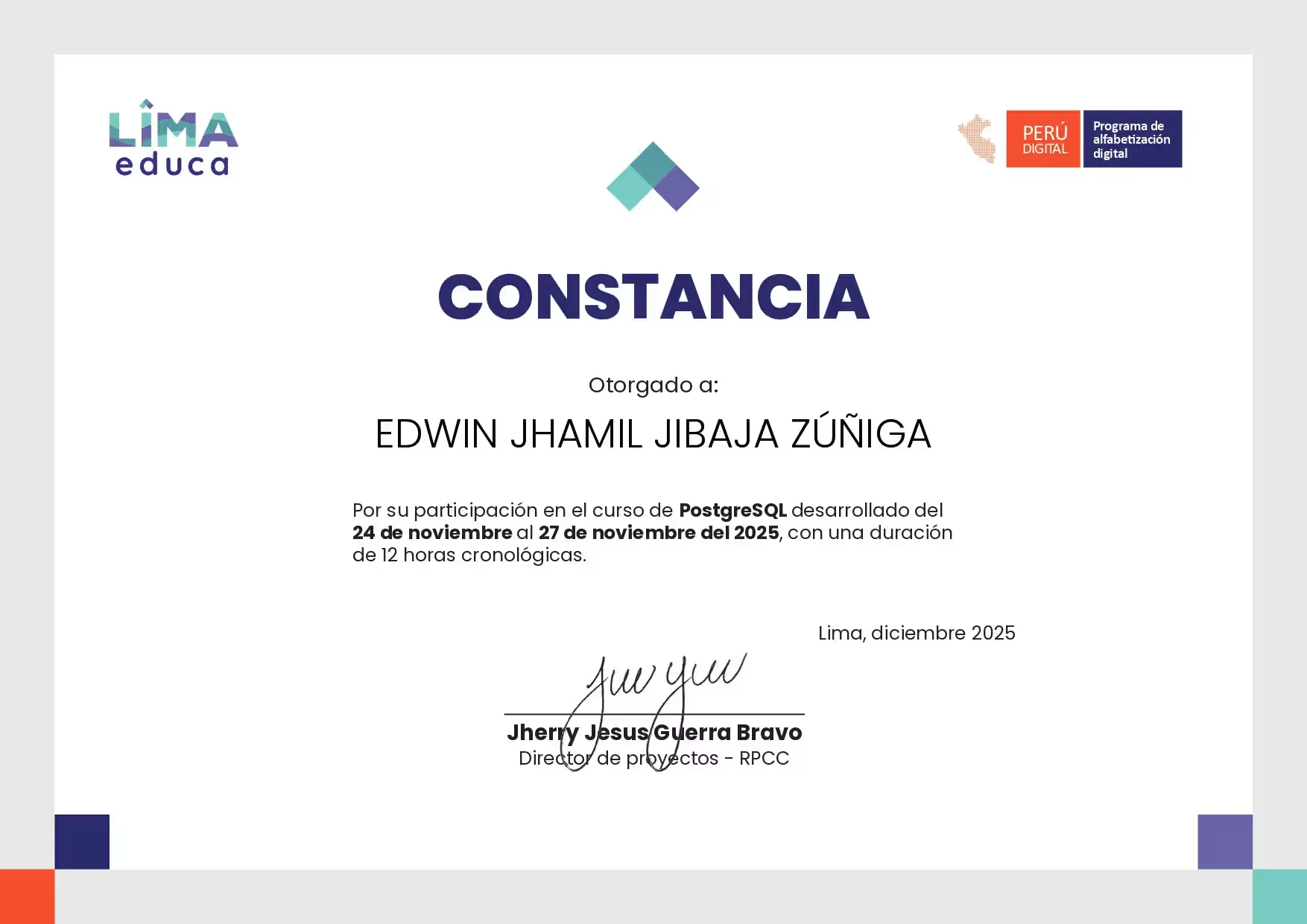 Constancia de participación Skill — Curso PostgreSQL